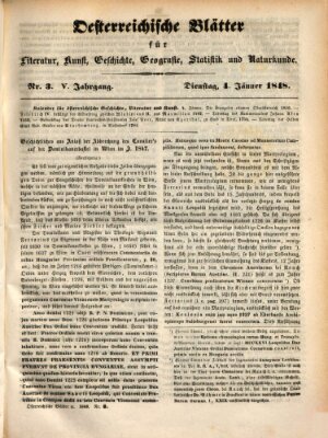 Österreichische Blätter für Literatur und Kunst, Geschichte, Geographie, Statistik und Naturkunde Dienstag 4. Januar 1848