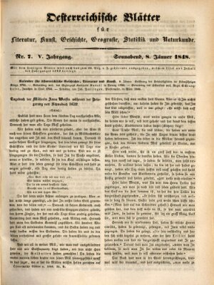 Österreichische Blätter für Literatur und Kunst, Geschichte, Geographie, Statistik und Naturkunde Samstag 8. Januar 1848