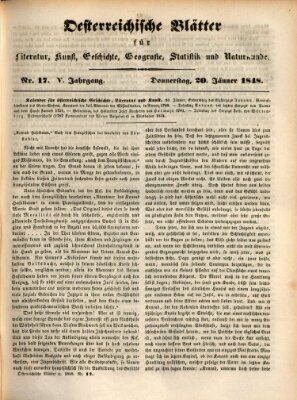 Österreichische Blätter für Literatur und Kunst, Geschichte, Geographie, Statistik und Naturkunde Donnerstag 20. Januar 1848