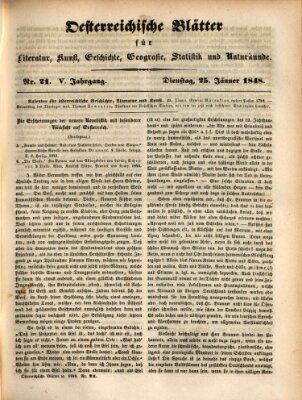 Österreichische Blätter für Literatur und Kunst, Geschichte, Geographie, Statistik und Naturkunde Dienstag 25. Januar 1848