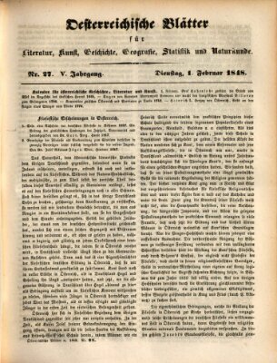 Österreichische Blätter für Literatur und Kunst, Geschichte, Geographie, Statistik und Naturkunde Dienstag 1. Februar 1848