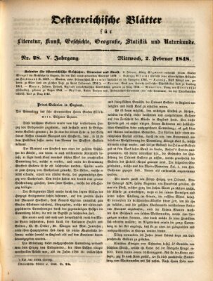 Österreichische Blätter für Literatur und Kunst, Geschichte, Geographie, Statistik und Naturkunde Mittwoch 2. Februar 1848