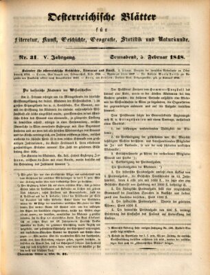 Österreichische Blätter für Literatur und Kunst, Geschichte, Geographie, Statistik und Naturkunde Samstag 5. Februar 1848