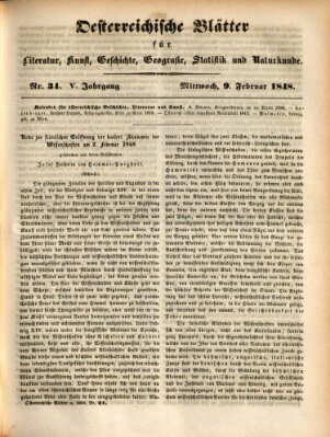 Österreichische Blätter für Literatur und Kunst, Geschichte, Geographie, Statistik und Naturkunde Mittwoch 9. Februar 1848