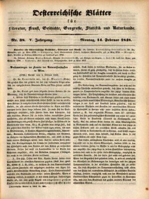 Österreichische Blätter für Literatur und Kunst, Geschichte, Geographie, Statistik und Naturkunde Montag 14. Februar 1848