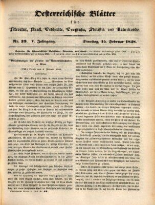 Österreichische Blätter für Literatur und Kunst, Geschichte, Geographie, Statistik und Naturkunde Dienstag 15. Februar 1848