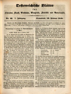 Österreichische Blätter für Literatur und Kunst, Geschichte, Geographie, Statistik und Naturkunde Samstag 19. Februar 1848