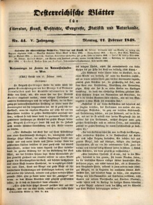 Österreichische Blätter für Literatur und Kunst, Geschichte, Geographie, Statistik und Naturkunde Montag 21. Februar 1848