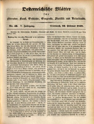 Österreichische Blätter für Literatur und Kunst, Geschichte, Geographie, Statistik und Naturkunde Mittwoch 23. Februar 1848