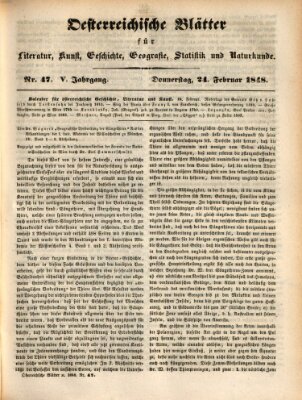 Österreichische Blätter für Literatur und Kunst, Geschichte, Geographie, Statistik und Naturkunde Donnerstag 24. Februar 1848