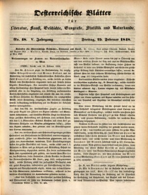 Österreichische Blätter für Literatur und Kunst, Geschichte, Geographie, Statistik und Naturkunde Freitag 25. Februar 1848