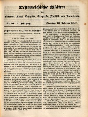 Österreichische Blätter für Literatur und Kunst, Geschichte, Geographie, Statistik und Naturkunde Dienstag 29. Februar 1848