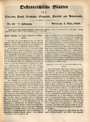 Österreichische Blätter für Literatur und Kunst, Geschichte, Geographie, Statistik und Naturkunde Mittwoch 1. März 1848