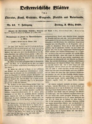 Österreichische Blätter für Literatur und Kunst, Geschichte, Geographie, Statistik und Naturkunde Freitag 3. März 1848