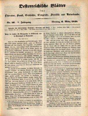 Österreichische Blätter für Literatur und Kunst, Geschichte, Geographie, Statistik und Naturkunde Montag 6. März 1848