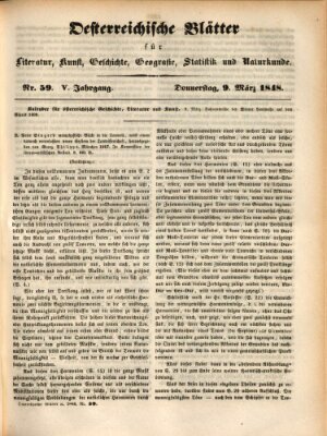 Österreichische Blätter für Literatur und Kunst, Geschichte, Geographie, Statistik und Naturkunde Donnerstag 9. März 1848