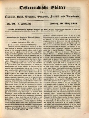 Österreichische Blätter für Literatur und Kunst, Geschichte, Geographie, Statistik und Naturkunde Freitag 10. März 1848