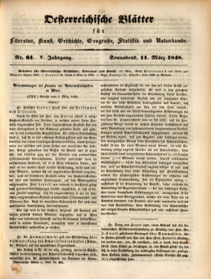 Österreichische Blätter für Literatur und Kunst, Geschichte, Geographie, Statistik und Naturkunde Samstag 11. März 1848