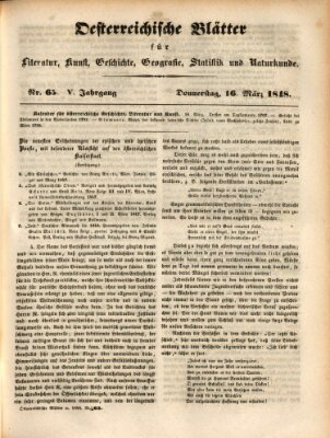 Österreichische Blätter für Literatur und Kunst, Geschichte, Geographie, Statistik und Naturkunde Donnerstag 16. März 1848