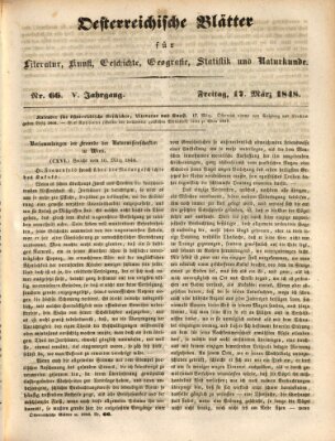 Österreichische Blätter für Literatur und Kunst, Geschichte, Geographie, Statistik und Naturkunde Freitag 17. März 1848