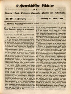 Österreichische Blätter für Literatur und Kunst, Geschichte, Geographie, Statistik und Naturkunde Dienstag 21. März 1848