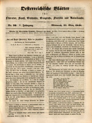 Österreichische Blätter für Literatur und Kunst, Geschichte, Geographie, Statistik und Naturkunde Mittwoch 22. März 1848