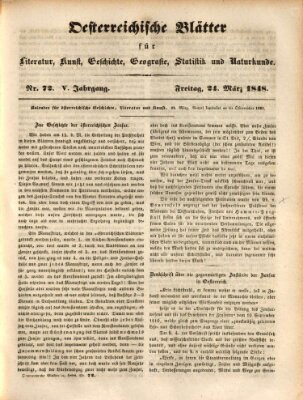 Österreichische Blätter für Literatur und Kunst, Geschichte, Geographie, Statistik und Naturkunde Freitag 24. März 1848