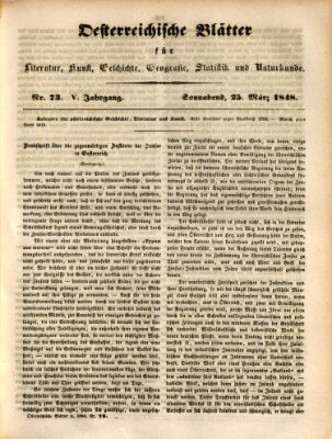 Österreichische Blätter für Literatur und Kunst, Geschichte, Geographie, Statistik und Naturkunde Samstag 25. März 1848