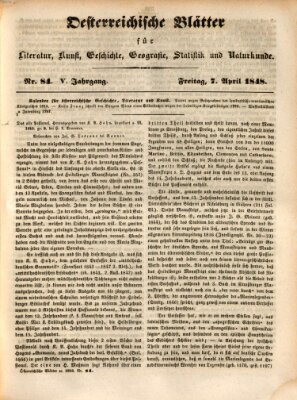 Österreichische Blätter für Literatur und Kunst, Geschichte, Geographie, Statistik und Naturkunde Freitag 7. April 1848