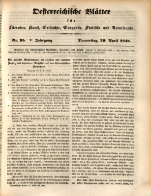 Österreichische Blätter für Literatur und Kunst, Geschichte, Geographie, Statistik und Naturkunde Donnerstag 20. April 1848