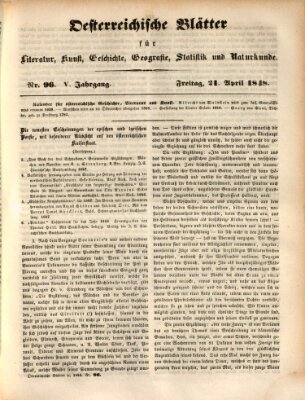 Österreichische Blätter für Literatur und Kunst, Geschichte, Geographie, Statistik und Naturkunde Freitag 21. April 1848