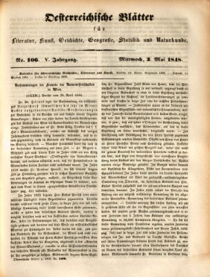 Österreichische Blätter für Literatur und Kunst, Geschichte, Geographie, Statistik und Naturkunde Mittwoch 3. Mai 1848