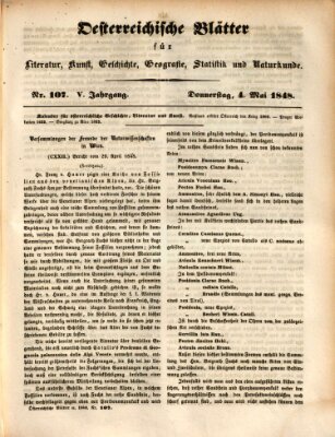 Österreichische Blätter für Literatur und Kunst, Geschichte, Geographie, Statistik und Naturkunde Donnerstag 4. Mai 1848