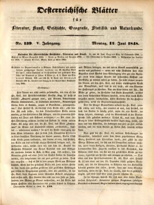 Österreichische Blätter für Literatur und Kunst, Geschichte, Geographie, Statistik und Naturkunde Montag 12. Juni 1848