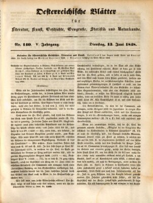 Österreichische Blätter für Literatur und Kunst, Geschichte, Geographie, Statistik und Naturkunde Dienstag 13. Juni 1848