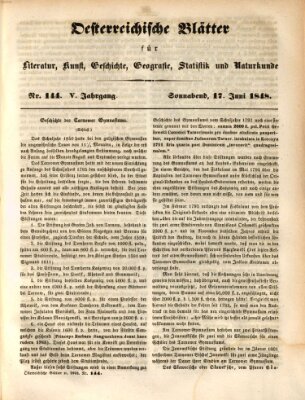 Österreichische Blätter für Literatur und Kunst, Geschichte, Geographie, Statistik und Naturkunde Samstag 17. Juni 1848