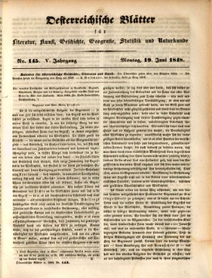 Österreichische Blätter für Literatur und Kunst, Geschichte, Geographie, Statistik und Naturkunde Montag 19. Juni 1848