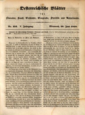 Österreichische Blätter für Literatur und Kunst, Geschichte, Geographie, Statistik und Naturkunde Mittwoch 28. Juni 1848