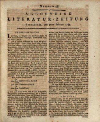 Allgemeine Literatur-Zeitung (Literarisches Zentralblatt für Deutschland) Samstag 26. Februar 1785