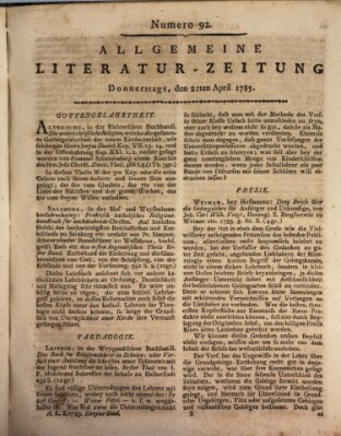 Allgemeine Literatur-Zeitung (Literarisches Zentralblatt für Deutschland) Donnerstag 21. April 1785