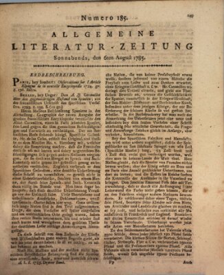 Allgemeine Literatur-Zeitung (Literarisches Zentralblatt für Deutschland) Samstag 6. August 1785