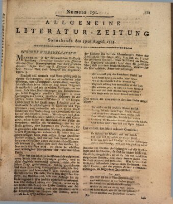 Allgemeine Literatur-Zeitung (Literarisches Zentralblatt für Deutschland) Samstag 13. August 1785