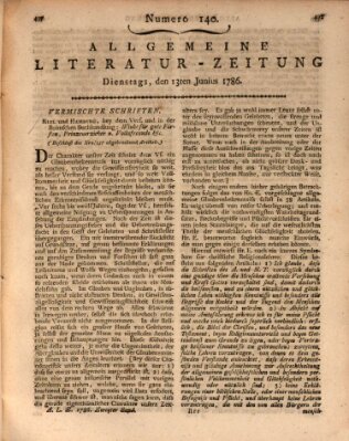 Allgemeine Literatur-Zeitung (Literarisches Zentralblatt für Deutschland) Dienstag 13. Juni 1786