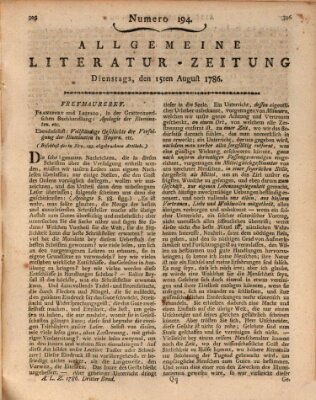 Allgemeine Literatur-Zeitung (Literarisches Zentralblatt für Deutschland) Dienstag 15. August 1786