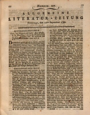 Allgemeine Literatur-Zeitung (Literarisches Zentralblatt für Deutschland) Freitag 22. September 1786