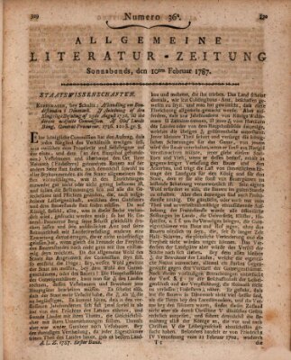 Allgemeine Literatur-Zeitung (Literarisches Zentralblatt für Deutschland) Samstag 10. Februar 1787