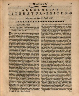 Allgemeine Literatur-Zeitung (Literarisches Zentralblatt für Deutschland) Mittwoch 4. April 1787