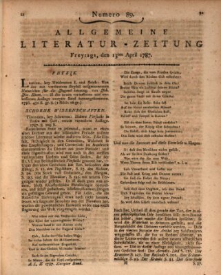 Allgemeine Literatur-Zeitung (Literarisches Zentralblatt für Deutschland) Freitag 13. April 1787