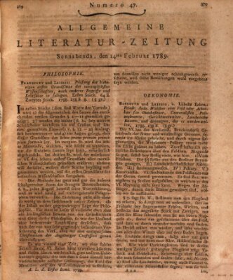 Allgemeine Literatur-Zeitung (Literarisches Zentralblatt für Deutschland) Samstag 14. Februar 1789