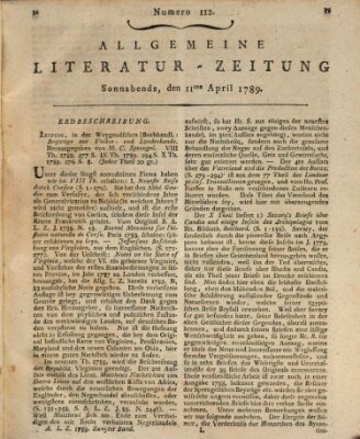 Allgemeine Literatur-Zeitung (Literarisches Zentralblatt für Deutschland) Samstag 11. April 1789